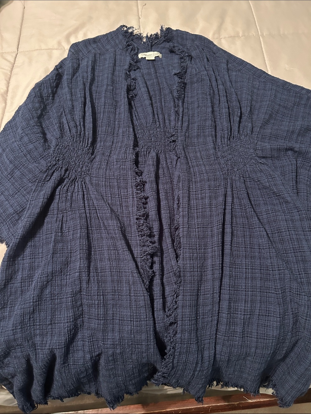 Coldwater Creek Navy Open-Front Kimono with Frayed Trim
